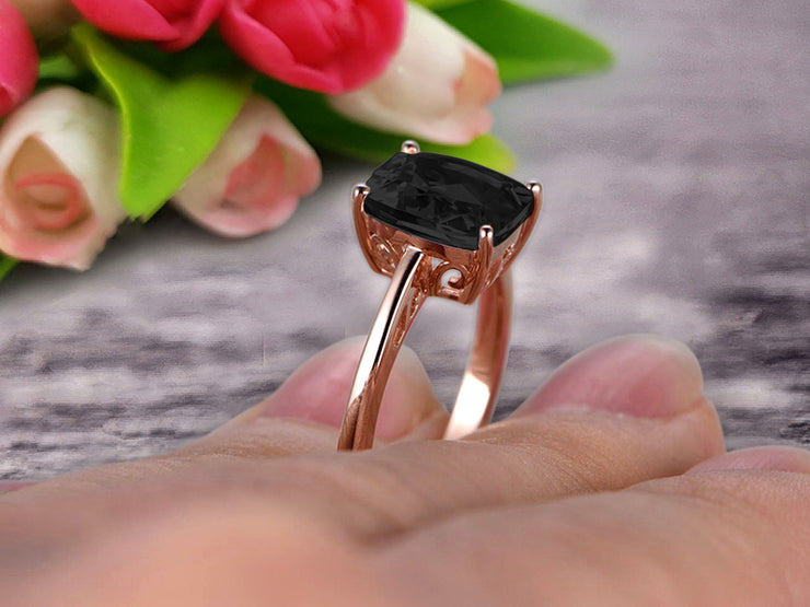 Cushion Cut 1 Carat Black Diamond Moissanite Engagement Ring Wedding Ring Promise Ring 10k Rose Gold Solitaire Anniversary Ring 