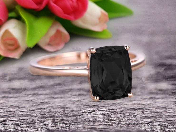 Cushion Cut 1 Carat Black Diamond Moissanite Engagement Ring Wedding Ring Promise Ring 10k Rose Gold Solitaire Anniversary Ring 