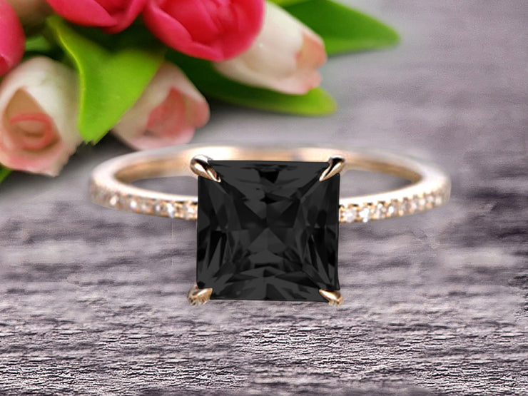 1.25 Carat Princess Cut Black Diamond Moissanite Engagement Ring Wedding Ring 10k Yellow Gold Curved Basket Claw Prongs Art Deco Anniversary Ring