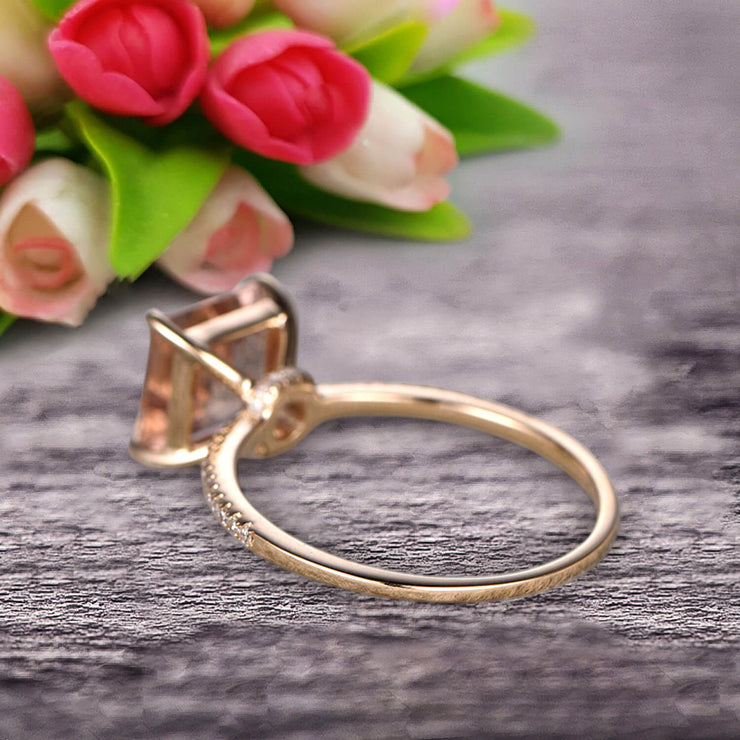 1.25 Carat Princess Cut Morganite Engagement Ring Wedding Ring 10k Yellow Gold Curved Basket Claw Prongs Art Deco Anniversary Ring