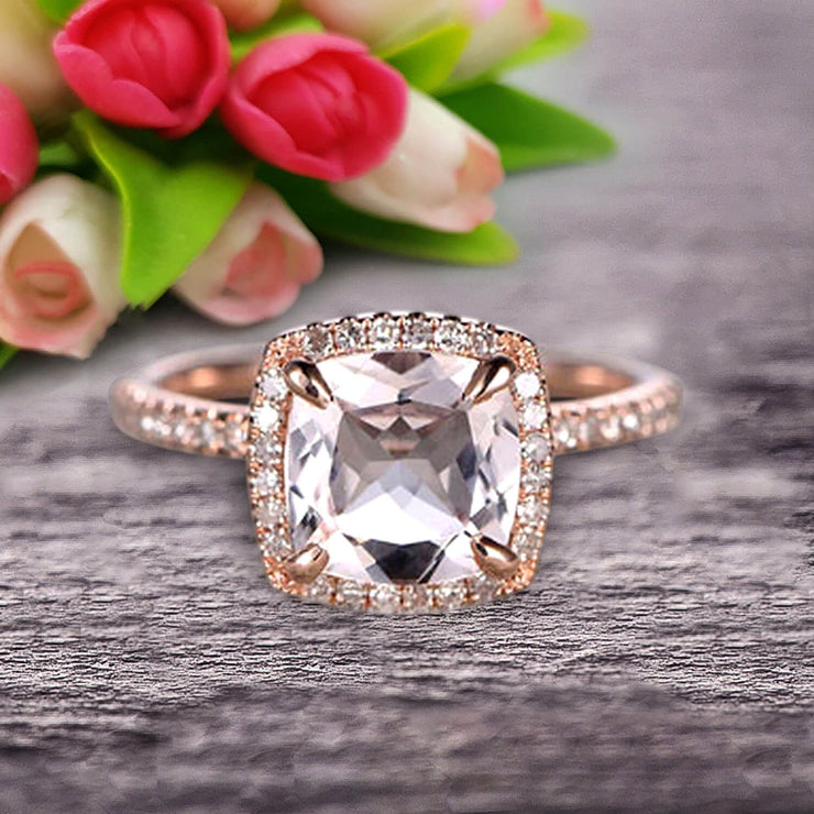 1.75 Carat Cushion Cut Morganite Engagement Ring Wedding Ring Promise Ring 10k Rose Gold Claw Prong Stacking Band Anniversary Gift