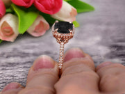 1.75 Carat Cushion Cut Black Diamond Moissanite Engagement Ring Wedding Ring Promise Ring 10k Rose Gold Claw Prong Stacking Band Anniversary Gift