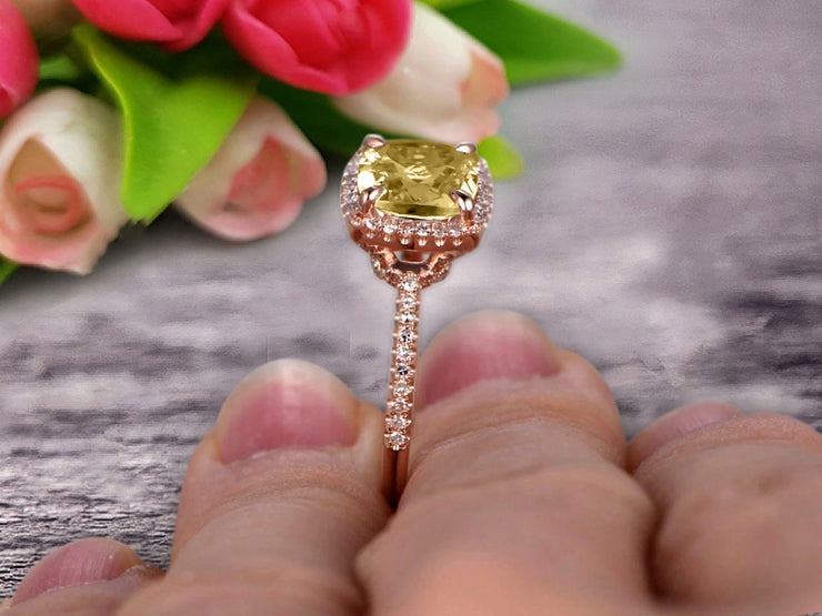 1.75 Carat Cushion Cut Champagne Diamond Moissanite Engagement Ring Wedding Ring Promise Ring 10k Rose Gold Claw Prong Stacking Band Anniversary Gift