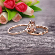 Milgrain 1.75 Carat Round Cut Morganite Wedding Set Engagement Bridal Ring 10k Rose Gold Marquise Matching Band
