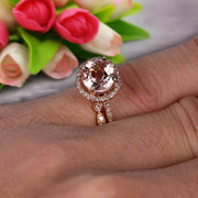 Milgrain 1.75 Carat Round Cut Morganite Wedding Set Engagement Bridal Ring 10k Rose Gold Marquise Matching Band