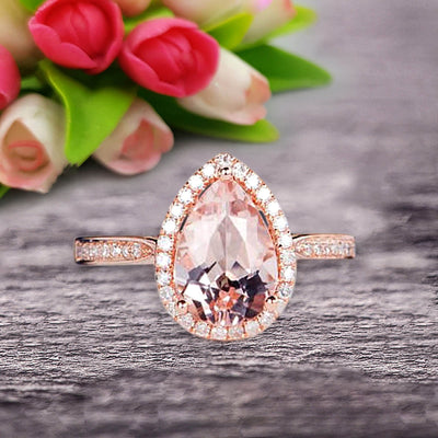 Pear Shape 1.50 Carat Morganite Engagement Ring On 10k Rose Gold Halo Wedding Anniversary Promise Bridal Eternity Ring