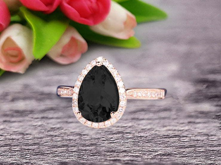 Pear Shape 1.50 Carat Black Diamond Moissanite Engagement Ring On 10k Rose Gold Halo Wedding Anniversary Promise Bridal Eternity Ring