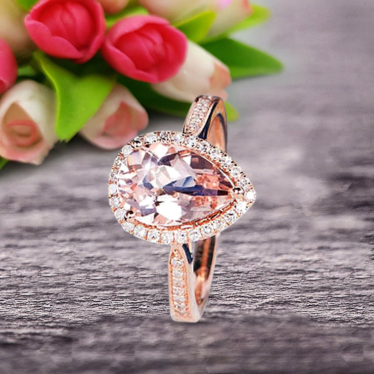 Pear Shape 1.50 Carat Morganite Engagement Ring On 10k Rose Gold Halo Wedding Anniversary Promise Bridal Eternity Ring