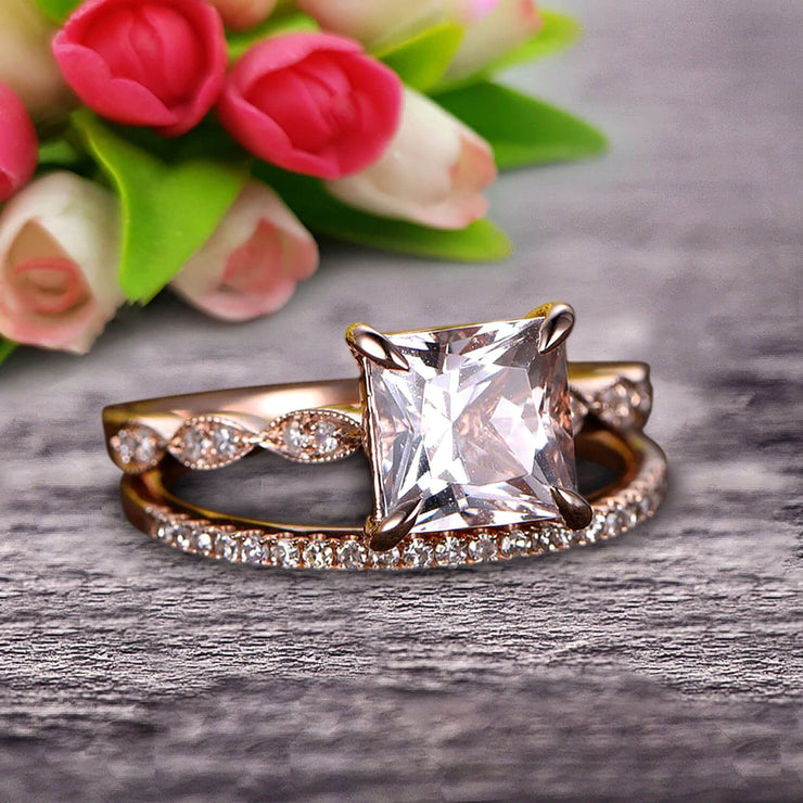 1.50 Carat Princess Cut Morganite 10k Rose Gold Wedding Set Engagement Ring Art Deco Stacking Matching Wedding Band