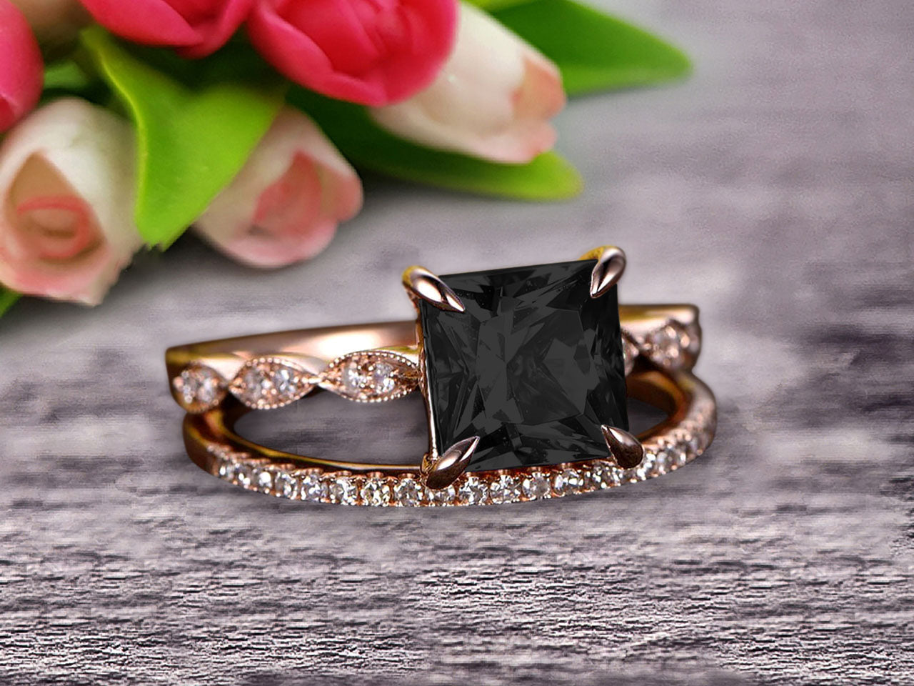 Buy 14K Black Diamond Rose Gold Engagement Ring For Her