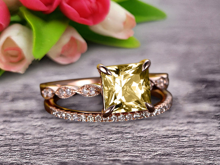 1.50 Carat Princess Cut Champagne Diamond Moissanite 10k Rose Gold Wedding Set Engagement Ring Art Deco Stacking Matching Wedding Band