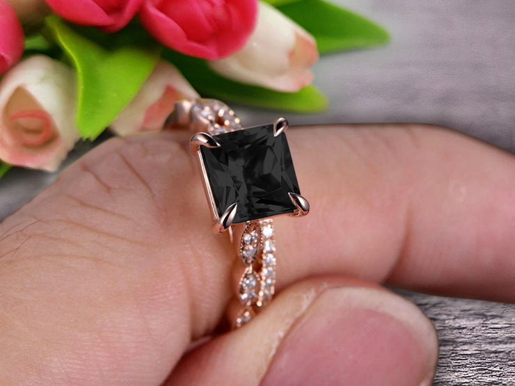 1.50 Carat Princess Cut Black Diamond Moissanite 10k Rose Gold Wedding Set Engagement Ring Art Deco Stacking Matching Wedding Band