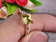 1.50 Carat Princess Cut Champagne Diamond Moissanite 10k Rose Gold Wedding Set Engagement Ring Art Deco Stacking Matching Wedding Band