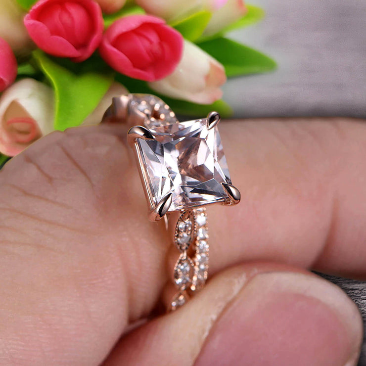 1.50 Carat Princess Cut Morganite 10k Rose Gold Wedding Set Engagement Ring Art Deco Stacking Matching Wedding Band