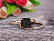 1.50 Carat Princess Cut Black Diamond Moissanite 10k Rose Gold Wedding Set Engagement Ring Art Deco Stacking Matching Wedding Band