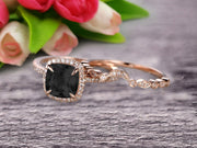 Milgrain 1.75 Carat Cushion Cut Black Diamond Moissanite Wedding Set Diamond Bridal Ring 10k Rose Gold Curved Matching Band Art Deco