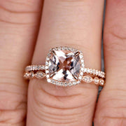 Milgrain 1.75 Carat Cushion Cut Morganite Wedding Set Diamond Moissanite Bridal Ring 10k Rose Gold Curved Matching Band Art Deco