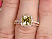 Milgrain 1.75 Carat Cushion Cut Champagne Diamond Moissanite Wedding Set Diamond Bridal Ring 10k Rose Gold Curved Matching Band Art Deco