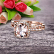 Milgrain 1.75 Carat Cushion Cut Morganite Wedding Set Diamond Moissanite Bridal Ring 10k Rose Gold Curved Matching Band Art Deco