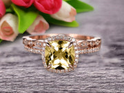 Milgrain 1.75 Carat Cushion Cut Champagne Diamond Moissanite Wedding Set Diamond Bridal Ring 10k Rose Gold Curved Matching Band Art Deco