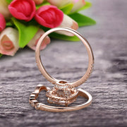 Milgrain 1.75 Carat Cushion Cut Morganite Wedding Set Diamond Moissanite Bridal Ring 10k Rose Gold Curved Matching Band Art Deco