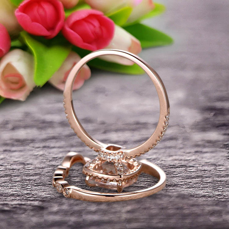 Milgrain 1.75 Carat Cushion Cut Morganite Wedding Set Diamond Moissanite Bridal Ring 10k Rose Gold Curved Matching Band Art Deco