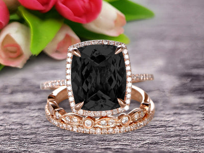 Milgrain Art Deco 2 Carat Cushion Cut Gemstone Black Diamond Moissanite Trio Set Wedding Ring Engagement Ring On 10k Rose Gold Anniversary Ring Surprisingly Ring