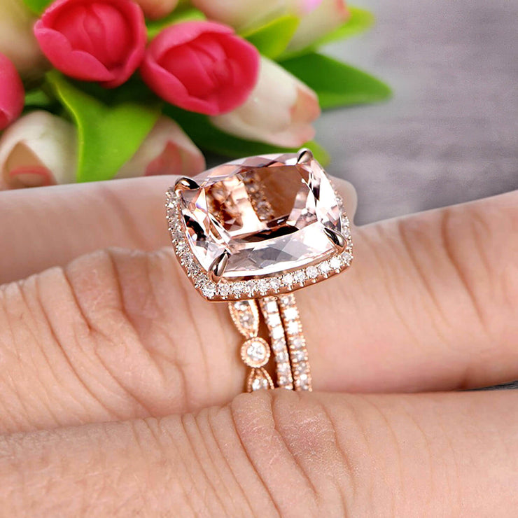 Milgrain Art Deco 2 Carat Cushion Cut Gemstone Morganite Trio Set Wedding Ring Engagement Ring On 10k Rose Gold Anniversary Ring Surprisingly Ring
