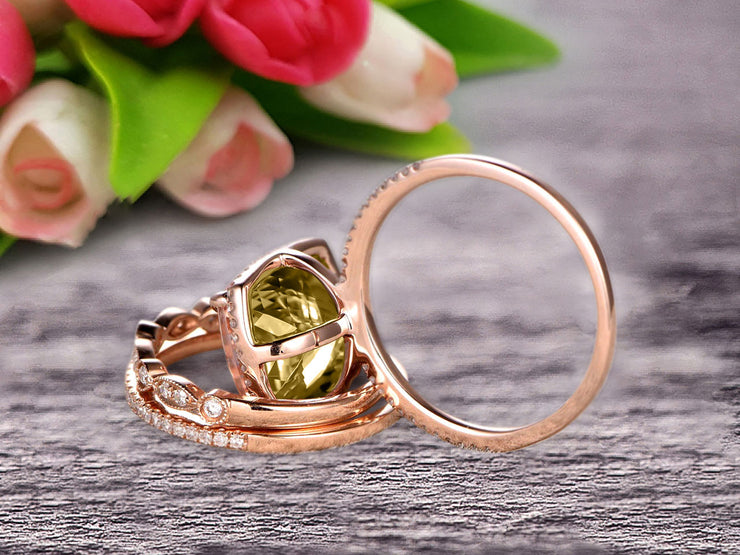Milgrain Art Deco 2 Carat Cushion Cut Gemstone Champagne Diamond Moissanite Trio Set Wedding Ring Engagement Ring On 10k Rose Gold Anniversary Ring Surprisingly Ring