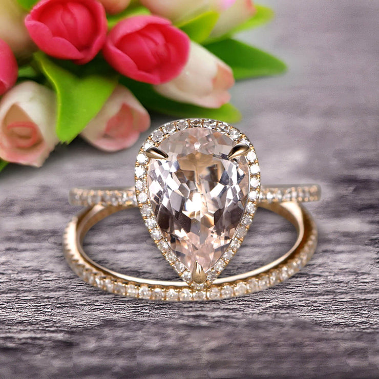 Bridal Ring Pear Shape 1.75 Carat Morganite Wedding Ring Set Engagement Ring 10k Yellow Gold Claw Prong Halo Matching Band Vintage looking