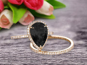 Bridal Ring Pear Shape 1.75 Carat Black Diamond Moissanite Wedding Ring Set Engagement Ring 10k Yellow Gold Claw Prong Halo Matching Band Vintage looking