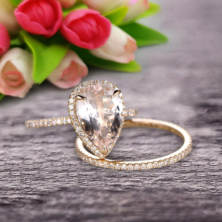Bridal Ring Pear Shape 1.75 Carat Morganite Wedding Ring Set Engagement Ring 10k Yellow Gold Claw Prong Halo Matching Band Vintage looking