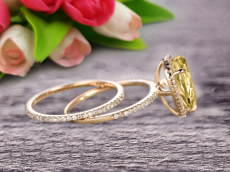 Bridal Ring Pear Shape 1.75 Carat Champagne Diamond Moissanite Wedding Ring Set Engagement Ring 10k Yellow Gold Claw Prong Halo Matching Band Vintage looking