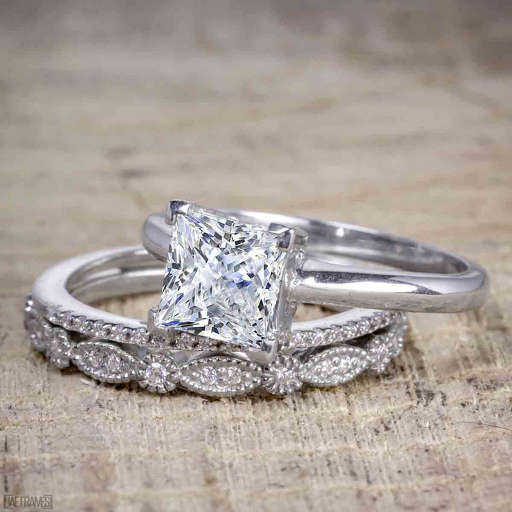 1.50 Carat Moissanite and Diamond Trio Bridal Ring Set in 10k White Gold
