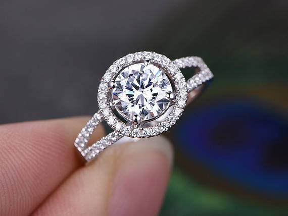 Unique 1.50 Ct Round cut Halo Moissanite and Diamond Wedding Ring in White Gold
