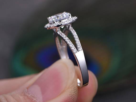 Unique 1.50 Ct Round cut Halo Moissanite and Diamond Wedding Ring in White Gold
