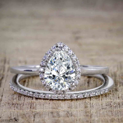 2 Carat Pear cut Moissanite and Diamond Halo Wedding Ring Set 