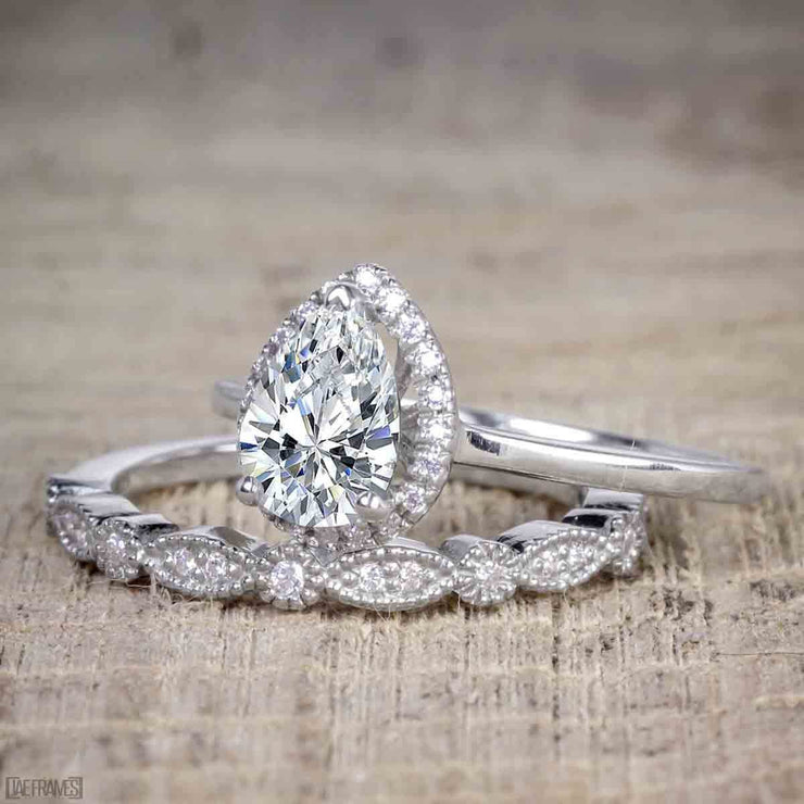 2 Carat Pear cut Moissanite and Diamond Halo Wedding Ring Set 