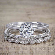 1.50 Carat Moissanite and Diamond Trio Wedding Bridal Ring Set in White Gold