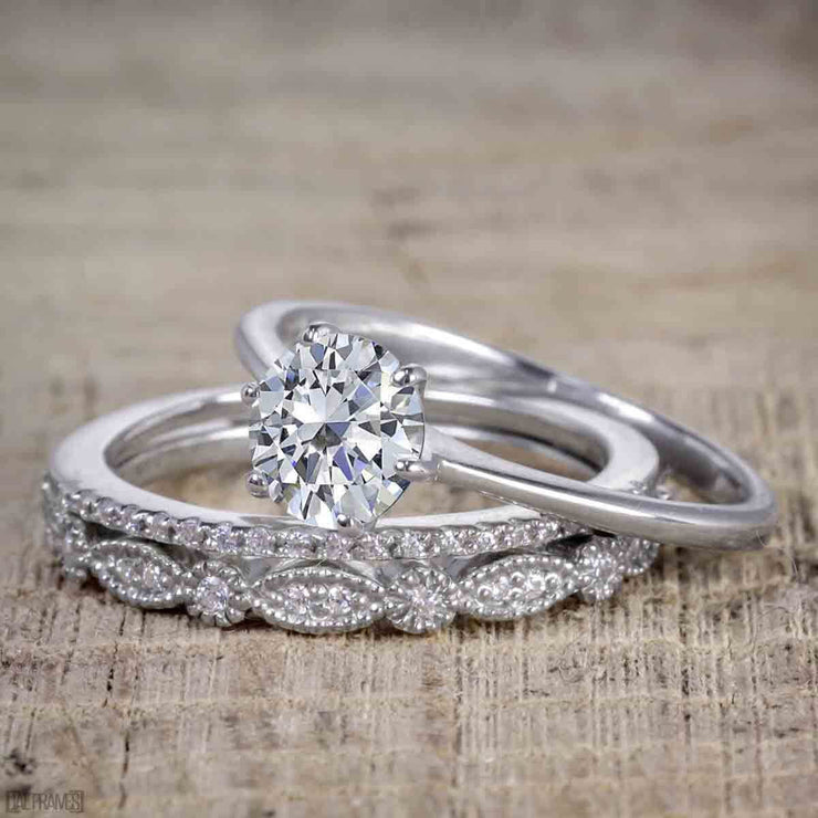 1.50 Carat Moissanite and Diamond Trio Wedding Bridal Ring Set in White Gold