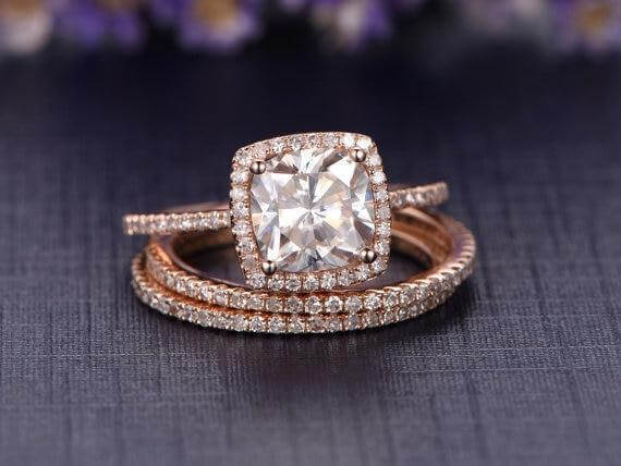 Halo Carat Cushion Cut Moissanite Diamond Trio Engagement Ring