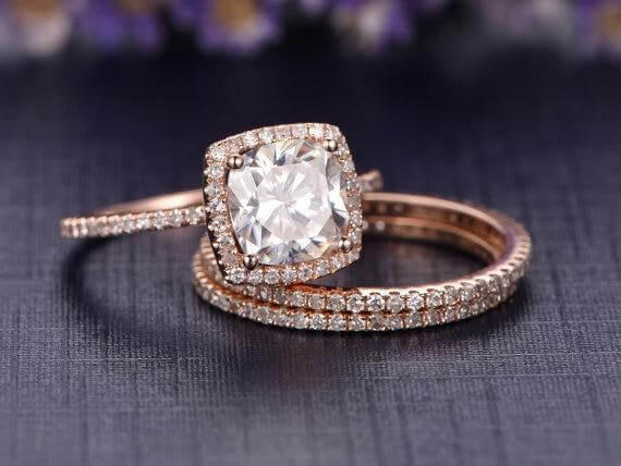 Halo Carat Cushion Cut Moissanite Diamond Trio Engagement Ring