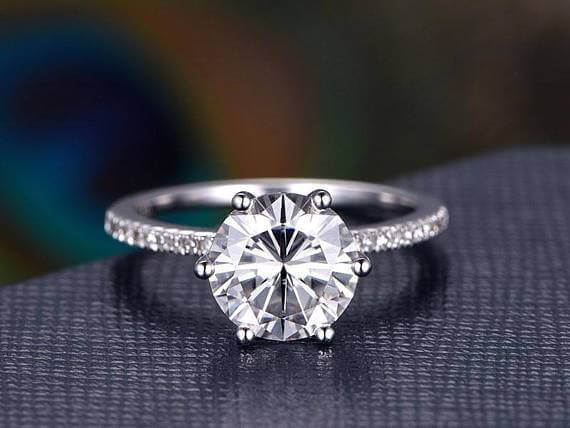 1.25 Carat Round Cut Moissanite and Diamond Engagement Ring in 10k White Gold
