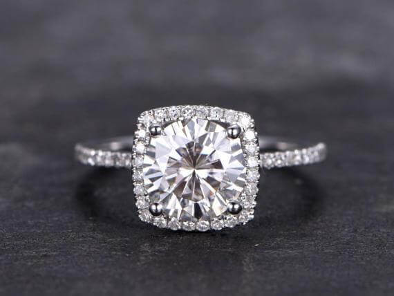 1.50 Carat Halo Moissanite and Diamond Engagement Ring in 10k White Gold

