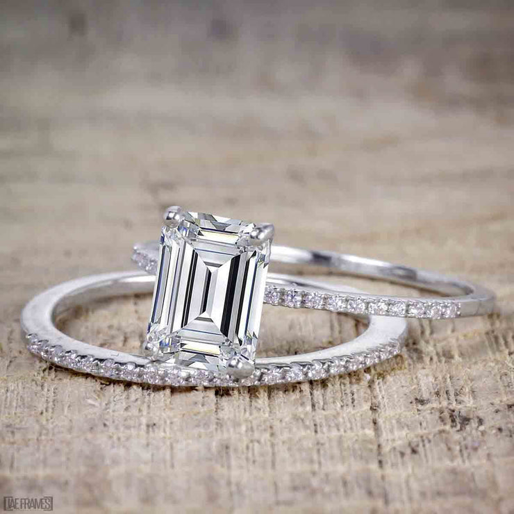 1.25 Carat Emerald cut Moissanite & Diamond Bridal Ring Set in White Gold
