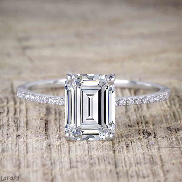 1.25 Carat Emerald cut Moissanite & Diamond Bridal Ring Set in White Gold
