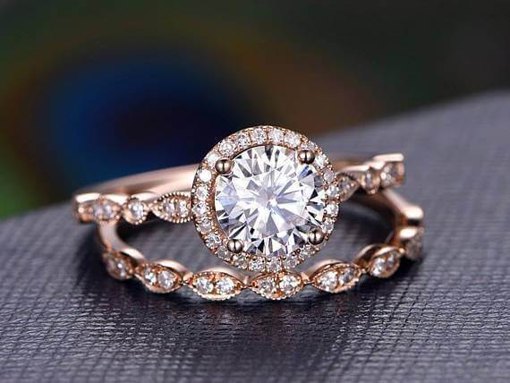 2 Carat Halo Moissanite and Diamond Wedding Ring set 