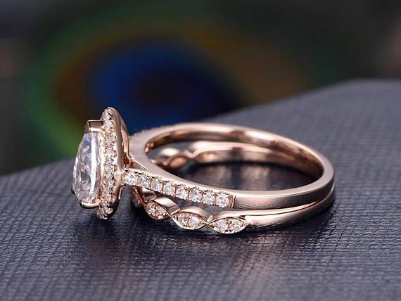 Upside-Down .75 Carat Pear Shaped Real Diamond Chevron Wedding Ring Set in  10k Rose Gold