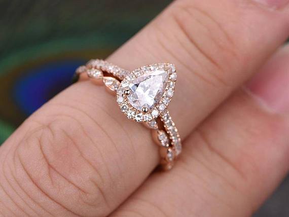 Rose Gold Pear Shape Ring, 2 Carat Engagement Ring, Infinity Twist Diamond Ring, Moissanite Ring for Women, Halo Wedding Ring, Gift for Her 8 US/CA /