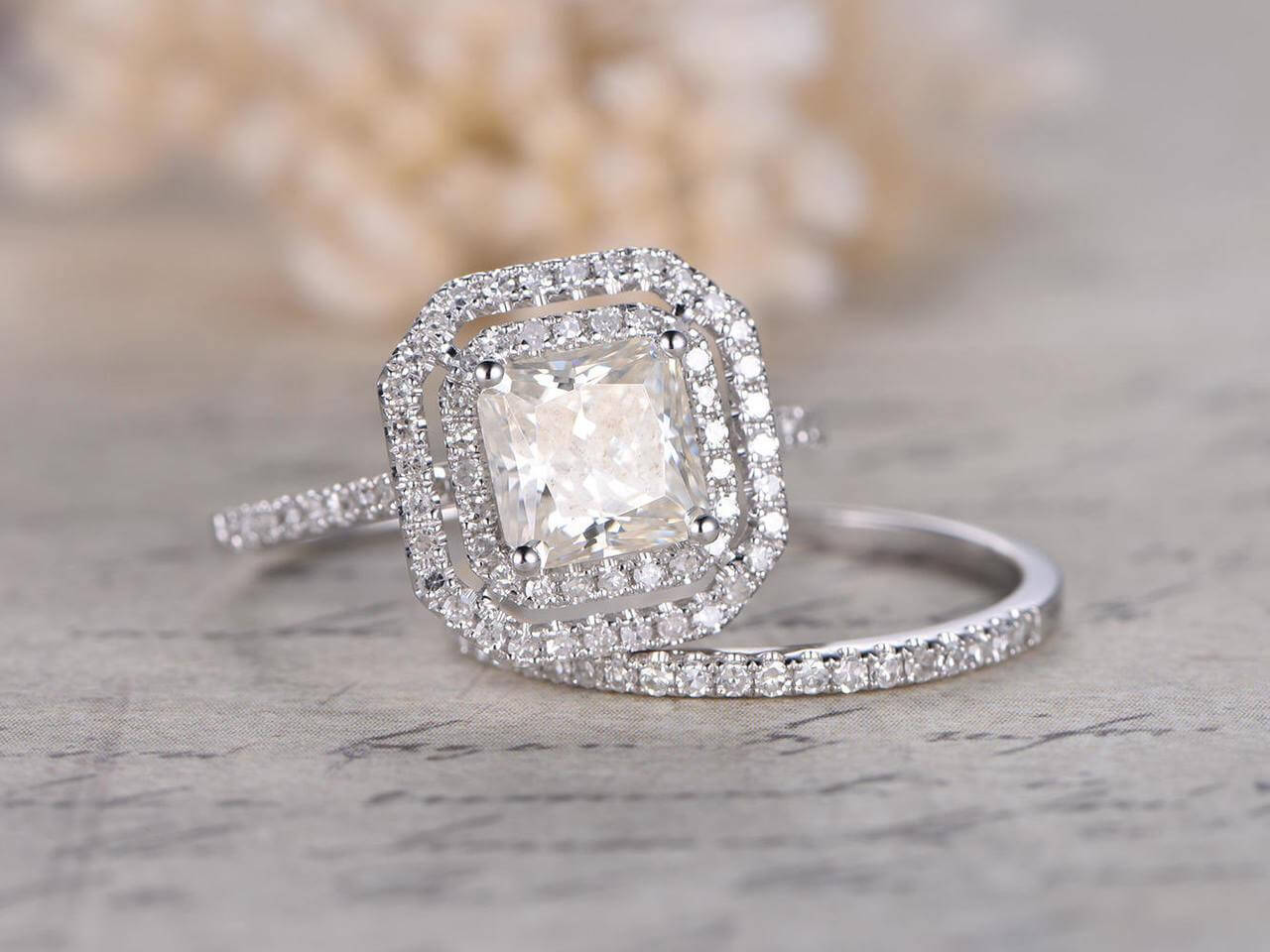 2 Ct Diamond Princess Cut Halo Engagement Ring 14k White Gold